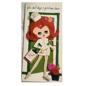 Vtg MCM Get Well Card Unused USA 1960s Female Nurse Retro Humor Sunshine